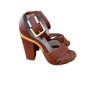 Louise et Cie Brown Leather Ankle Strap Block Heel Sandals Women’s 7 Gold Buckle